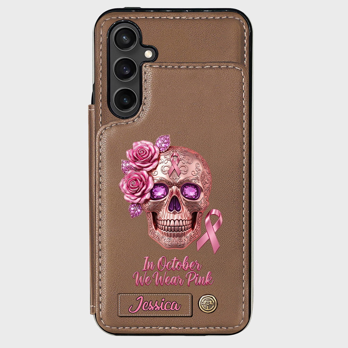 Skull And Ribbon - Personalized Breast Cancer Awareness Wallet Phone Case