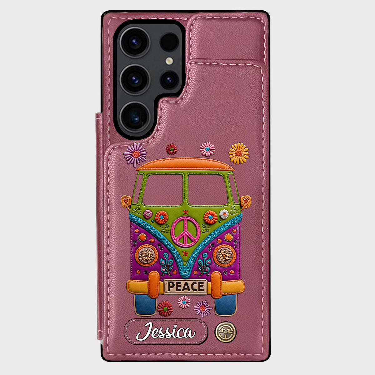 Peace Bus - Personalized Hippie Wallet Phone Case With Leather Charm