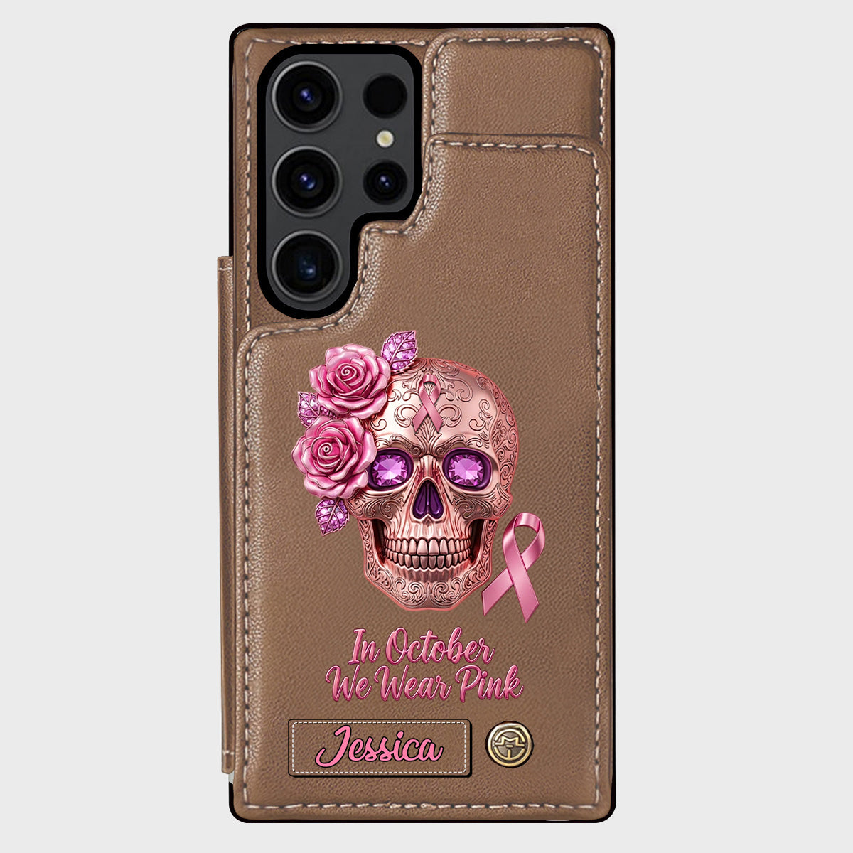 Skull And Ribbon - Personalized Breast Cancer Awareness Wallet Phone Case
