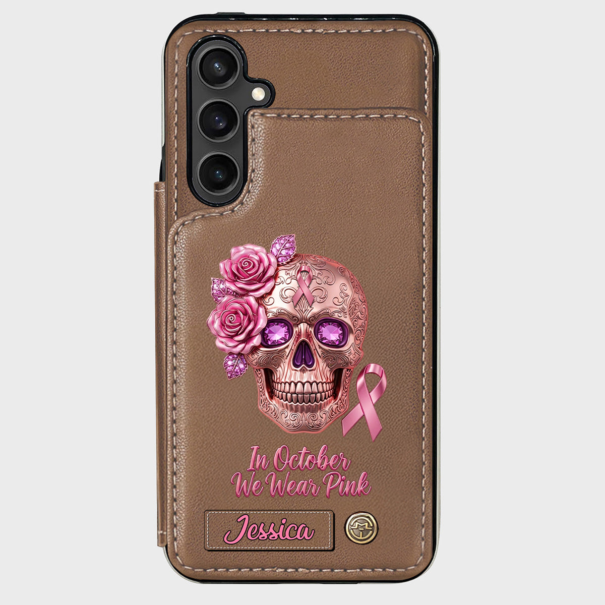 Skull And Ribbon - Personalized Breast Cancer Awareness Wallet Phone Case