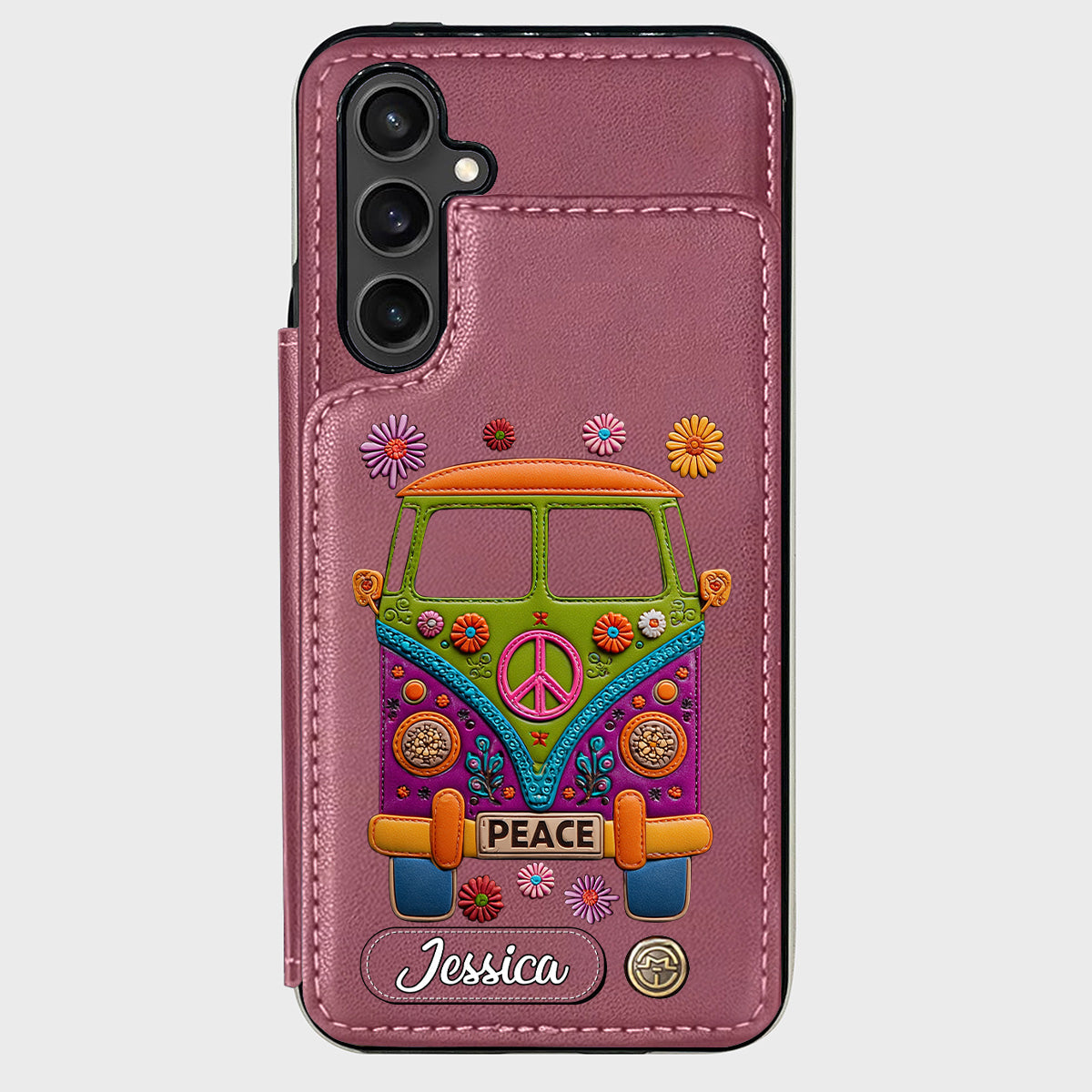Peace Bus - Personalized Hippie Wallet Phone Case With Leather Charm