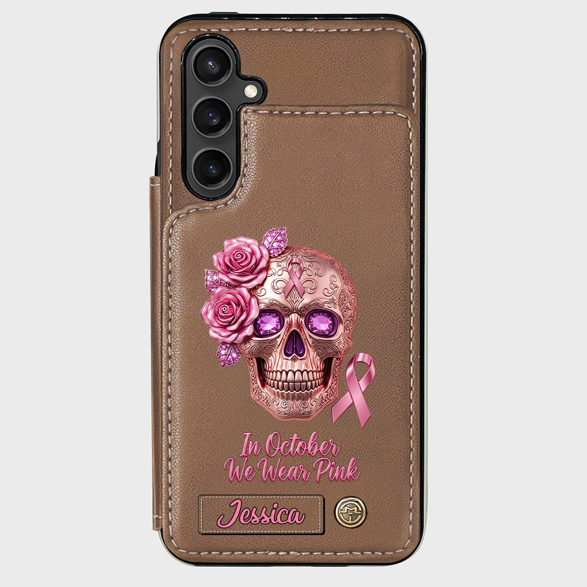 Skull And Ribbon - Personalized Breast Cancer Awareness Wallet Phone Case