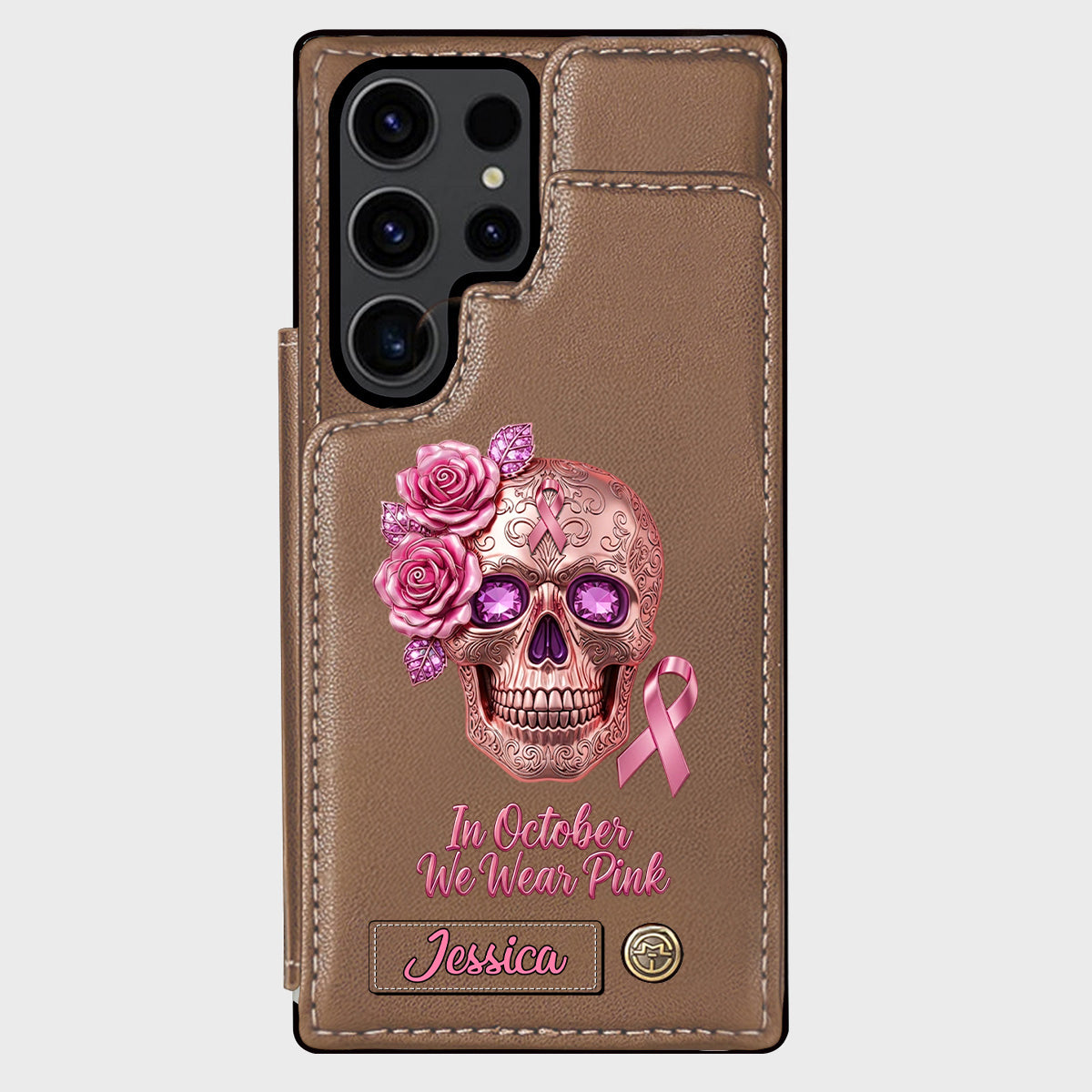 Skull And Ribbon - Personalized Breast Cancer Awareness Wallet Phone Case
