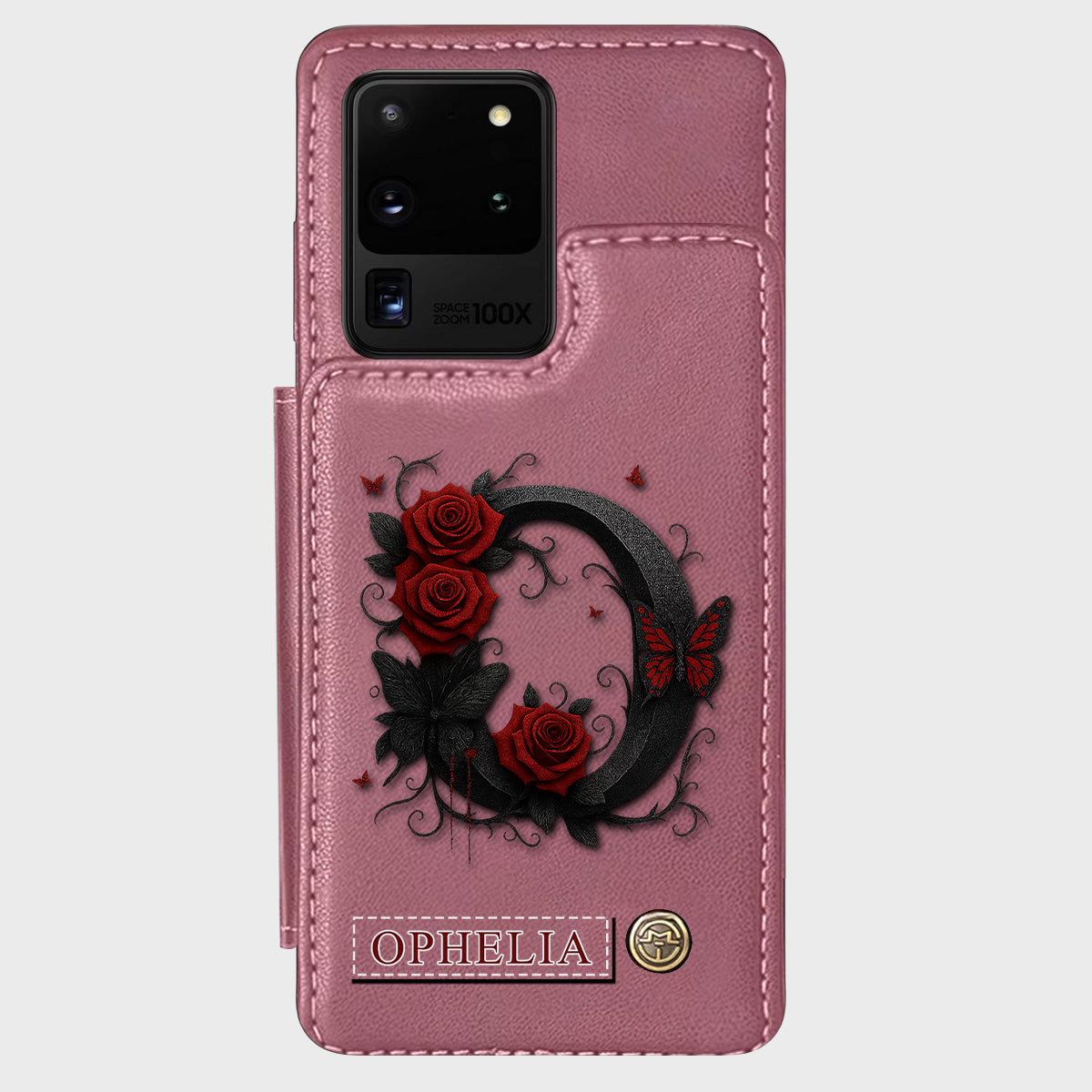 Alphabet Red Rose And Butterflies - Personalized Luxury Wallet Phone Case