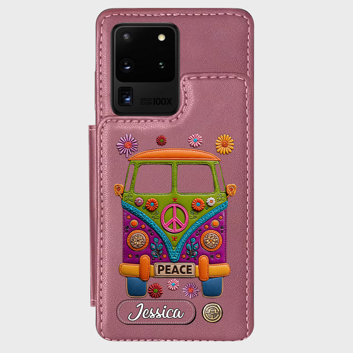 Peace Bus - Personalized Hippie Wallet Phone Case With Leather Charm