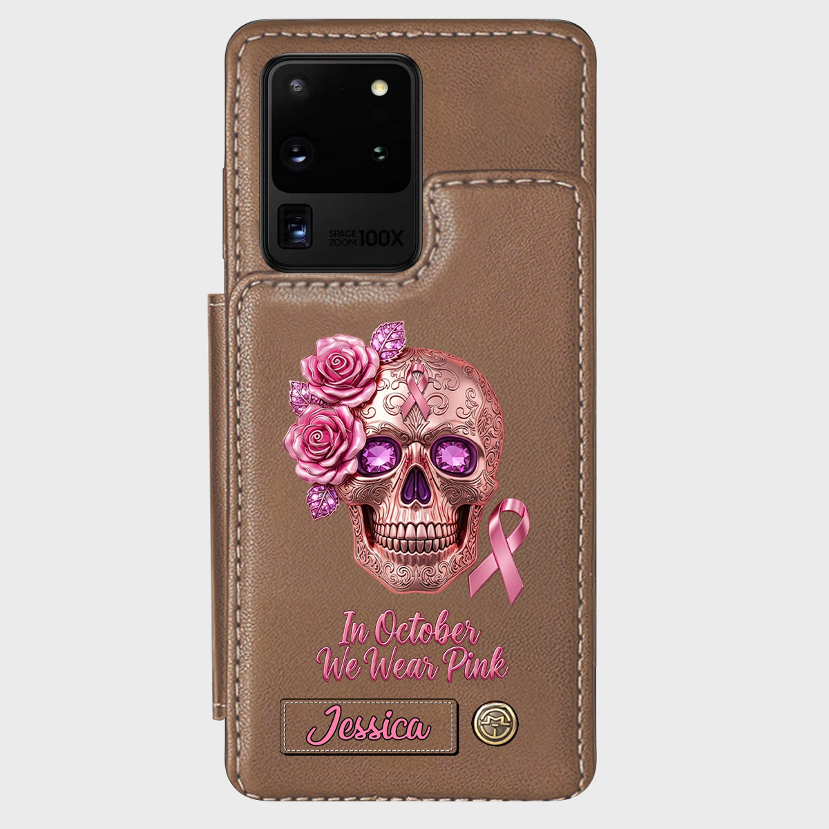 Skull And Ribbon - Personalized Breast Cancer Awareness Wallet Phone Case