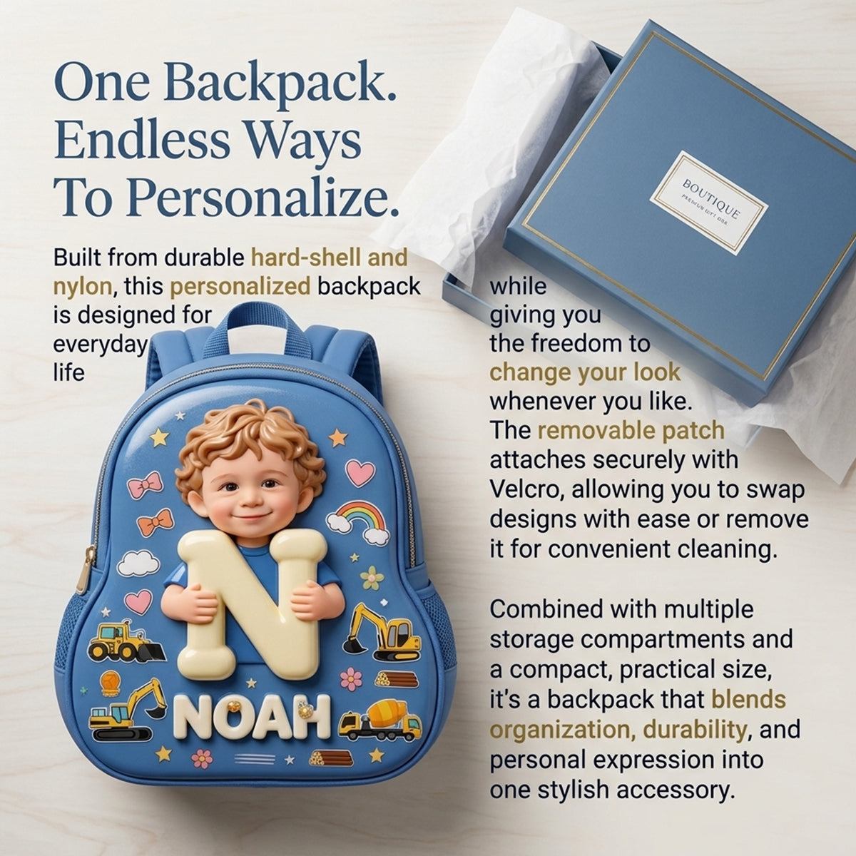 Custom Photo, Alphabet, Any Theme - Personalized Kid Changeable Leather Patch Backpack