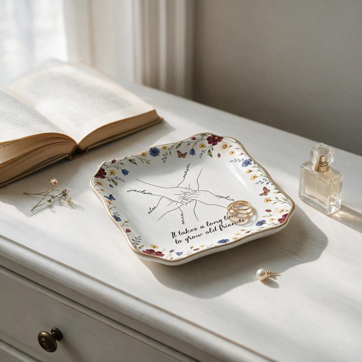 Personalized Old Friends Wildflower Jewelry Dish, Custom Bestie Gift with Names