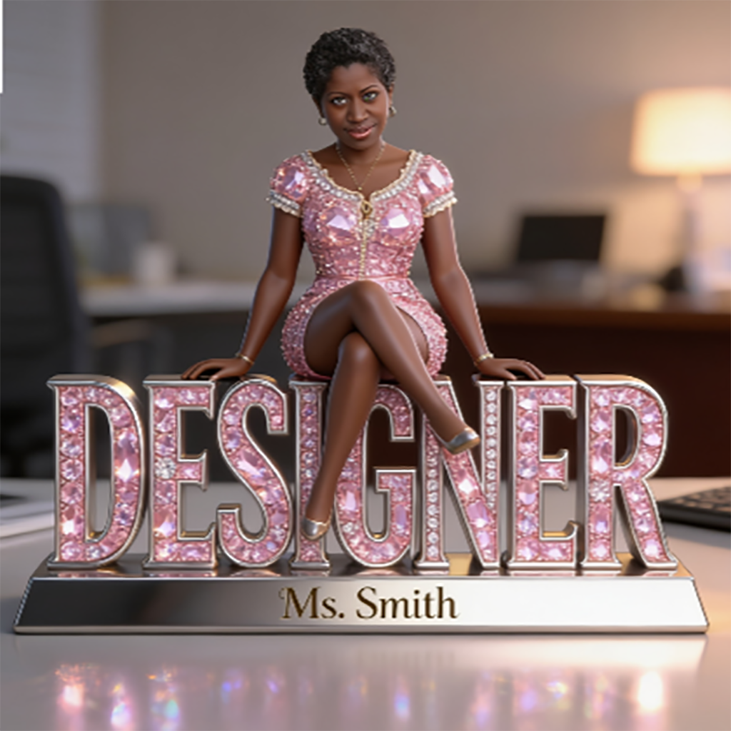 Custom Older Black Female Designer Desk Nameplate Plaque - Personalized Artist Figurine, Luxury Crystal Office Decor