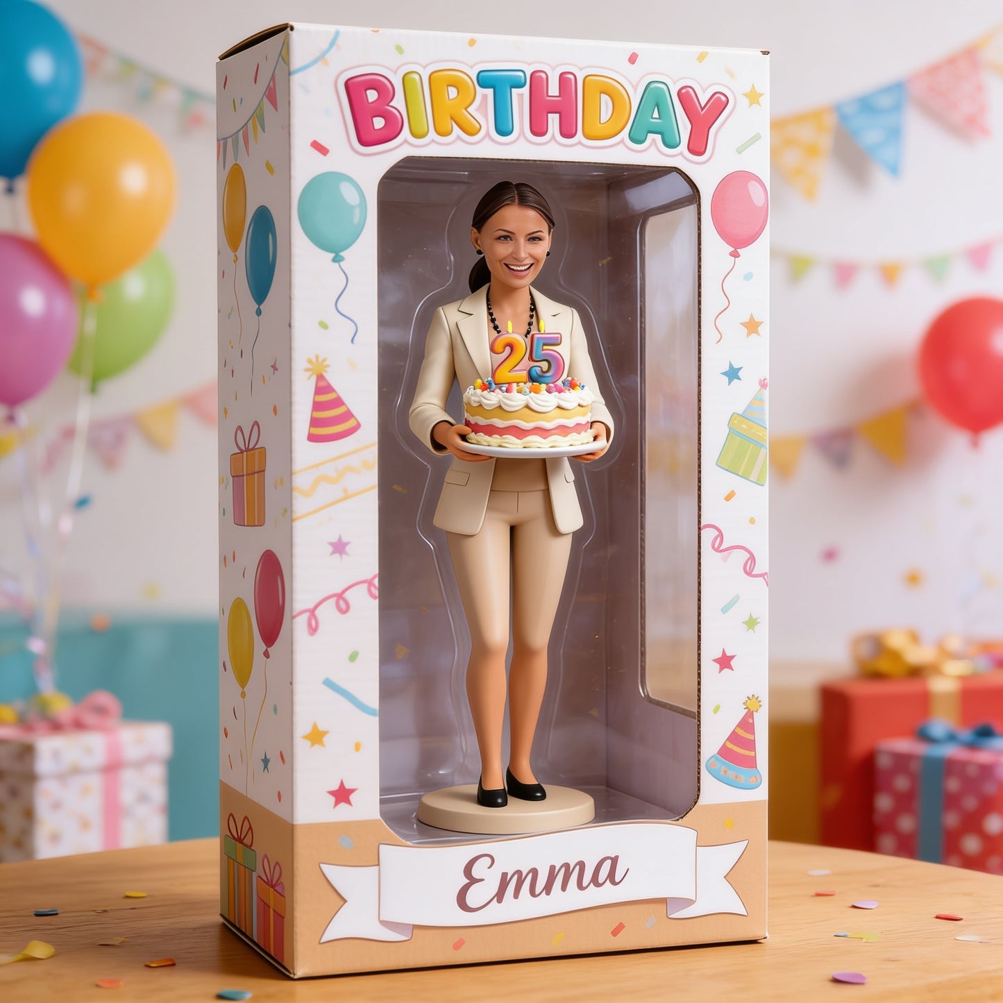 Personalized Custom Black Woman Birthday Doll 3D Figurine with Customized Window Display Box Keepsake Gift for Her Wife Girlfriend Boss Coworker