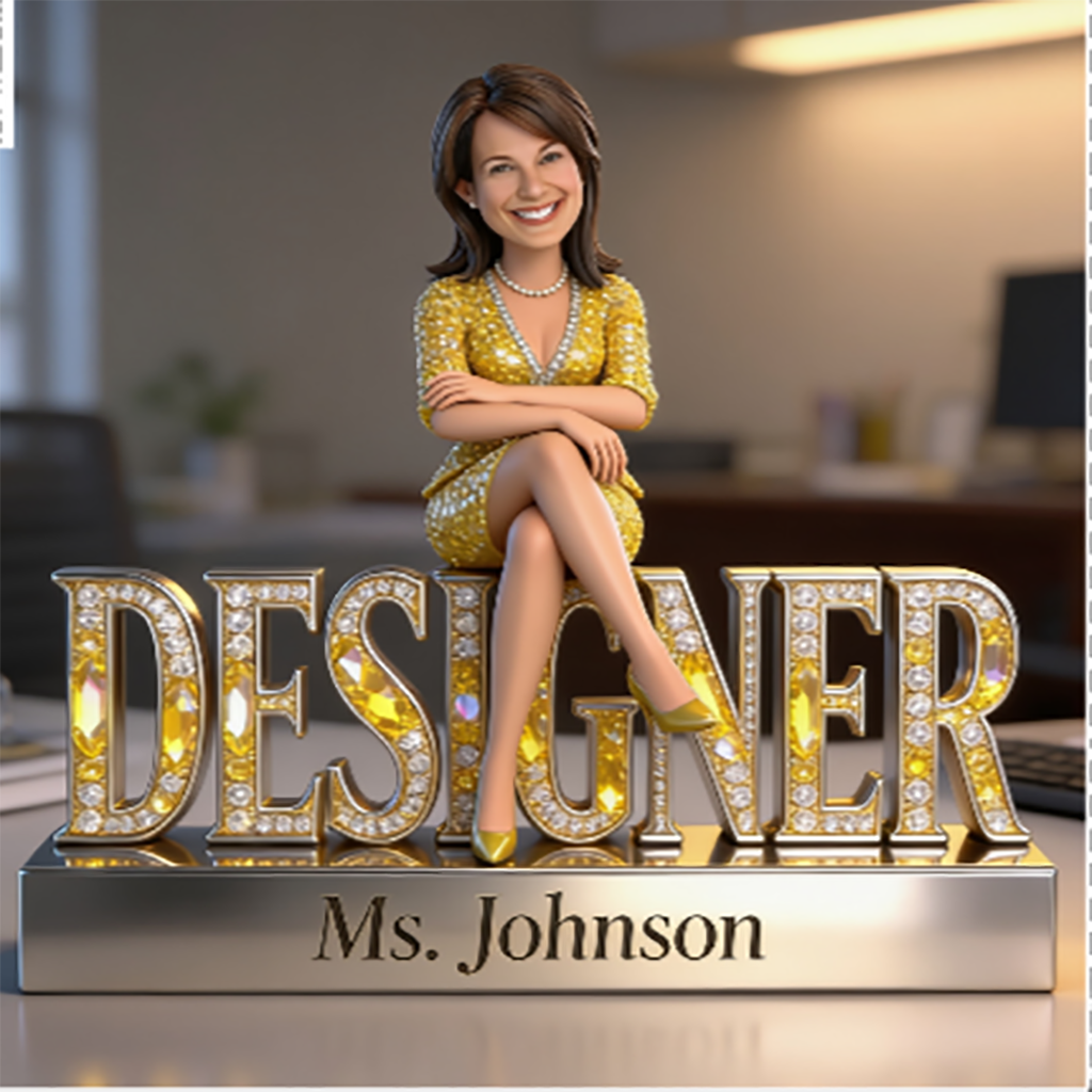 Custom Older Female Designer Desk Nameplate Plaque - Personalized Artist Figurine, Luxury Crystal Office Decor