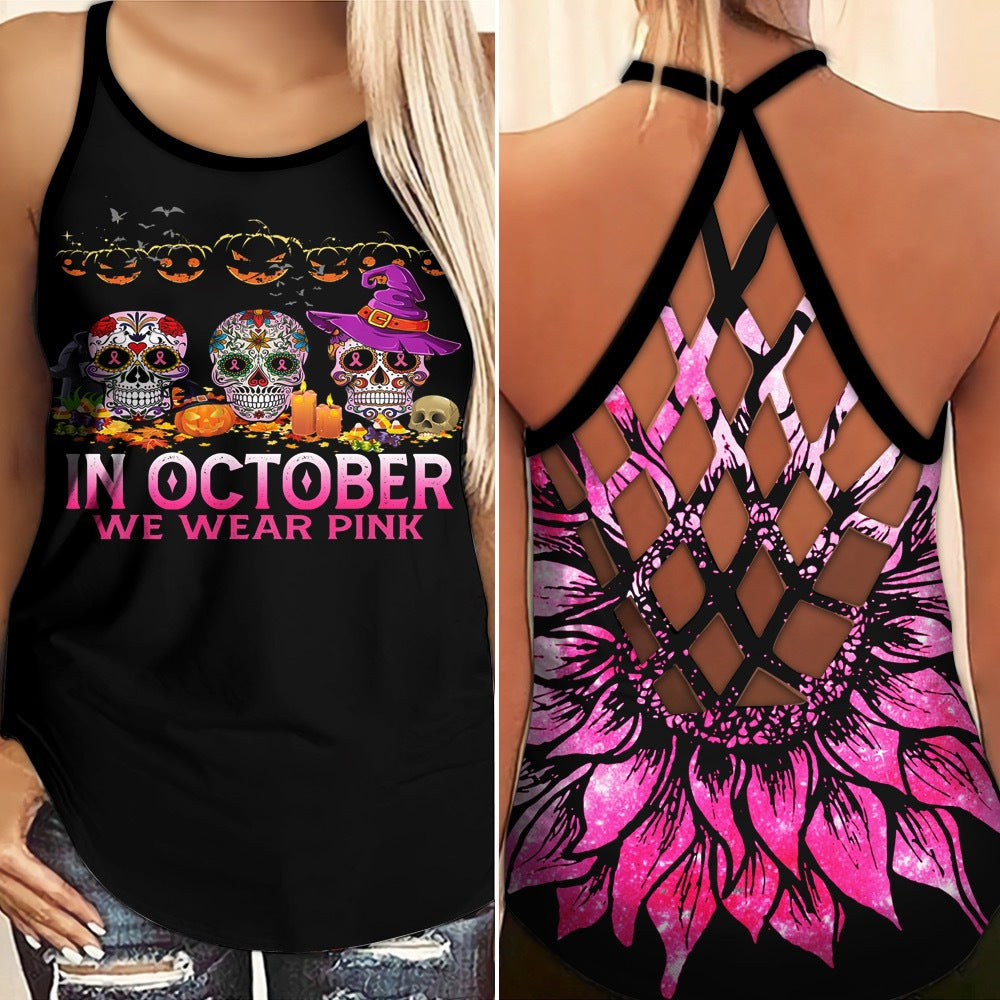 In October We Wear Pink - Breast Cancer Awareness Cross Tank Top 0722