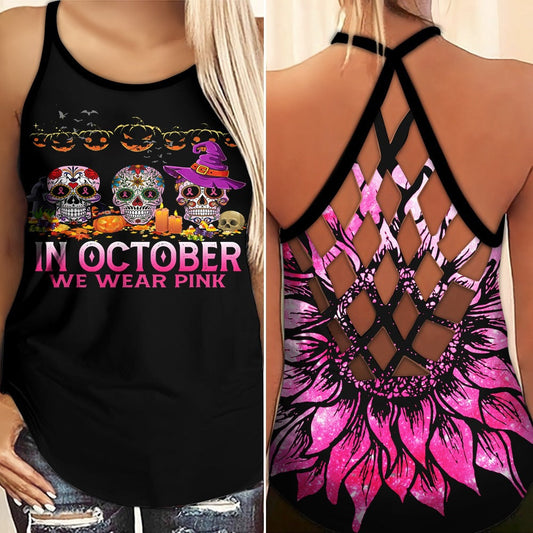 In October We Wear Pink - Breast Cancer Awareness Cross Tank Top 0722