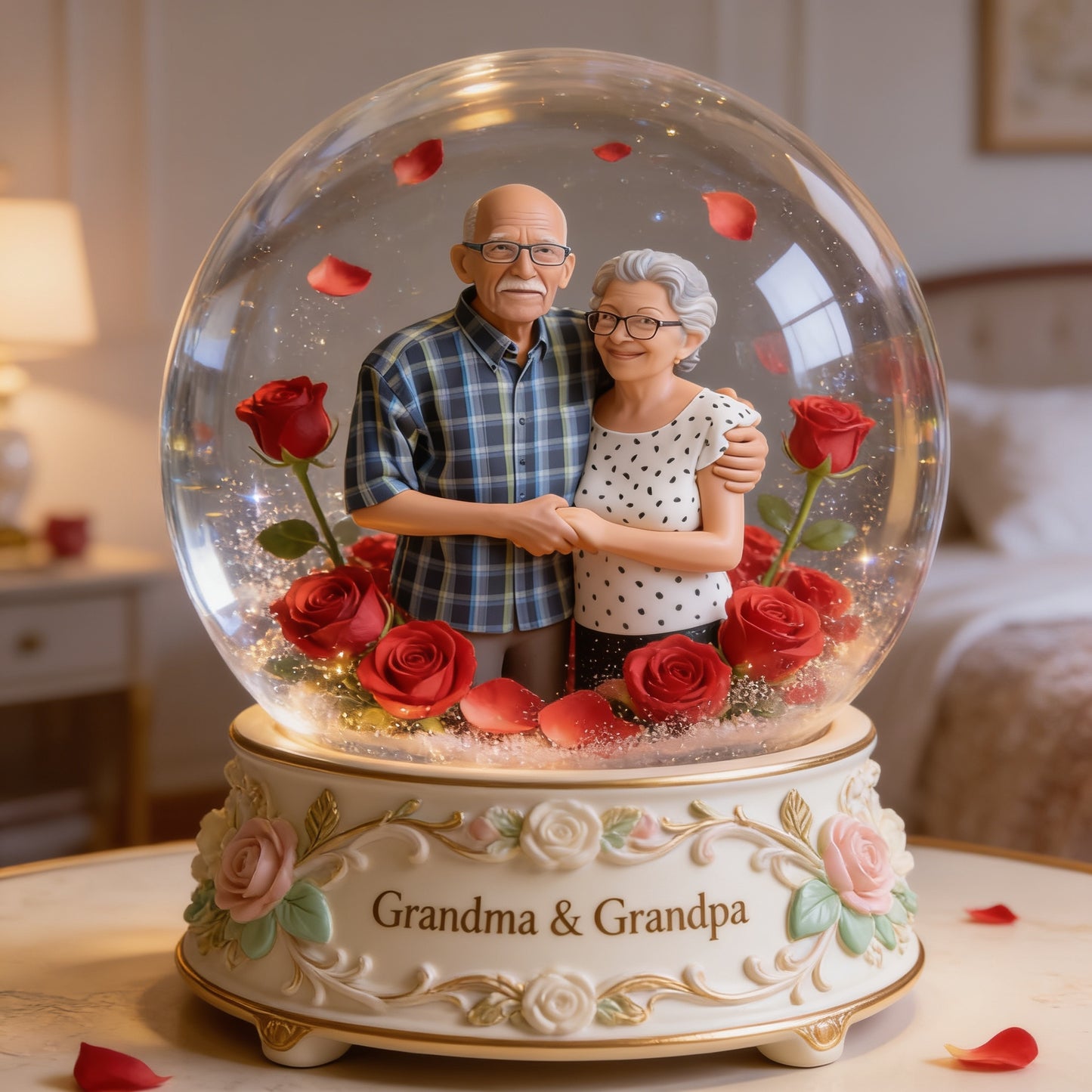 Custom Latin Grandma & Grandpa Glass Dome Light - Personalized Couple Figurine Lamp, Sentimental Bedroom Decor Gift