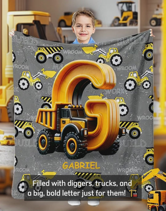 Construction Vehicles Letter - Personalized Kid Blanket