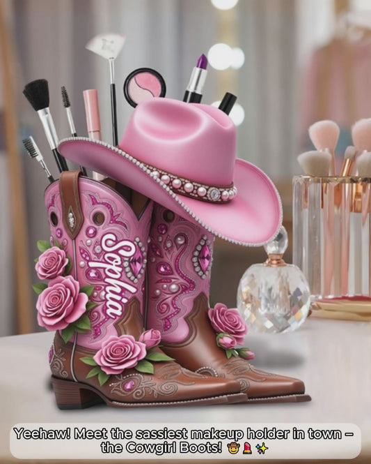 Cowgirl Boots - Personalized Cowgirl Wooden Makeup Brush Holder