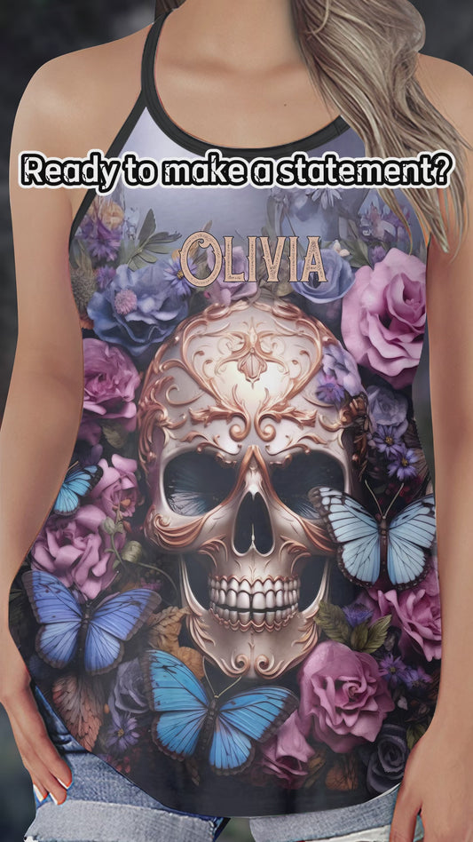 Beauty Of The Dark Skull Roses Butterflies - Personalized Skull Cross Tank Top