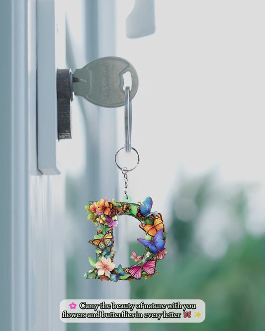 Flowers And Butterflies Letter - Personalized Butterfly Keychain
