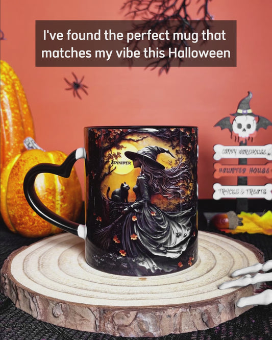 Beautiful Witch & Her Black Cat - Personalized Witch Heart Handle Mug