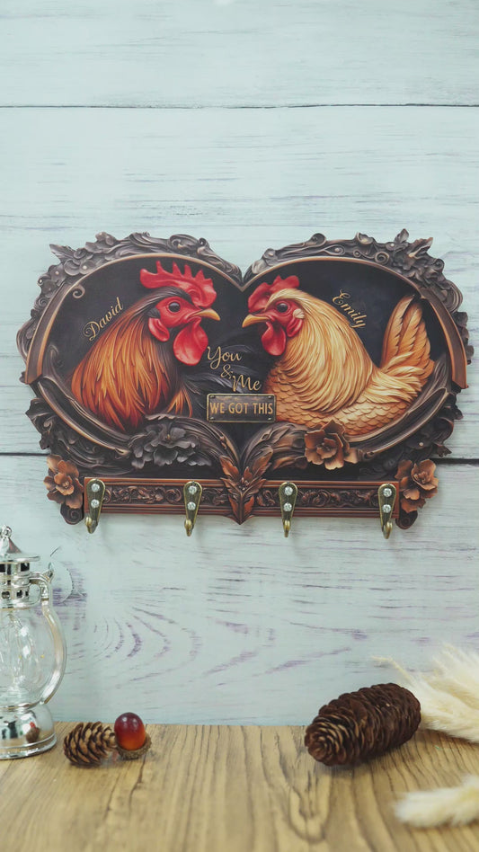 An Old Rooster & His Cute Chick - Personalized Chicken Custom Shaped Key Rack