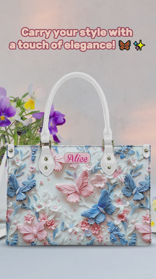 Pink And Blue Butterflies - Personalized Butterfly Leather Handbag
