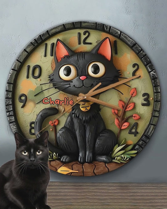 Cute Black Cat - Personalized Black Cat Wall Clock
