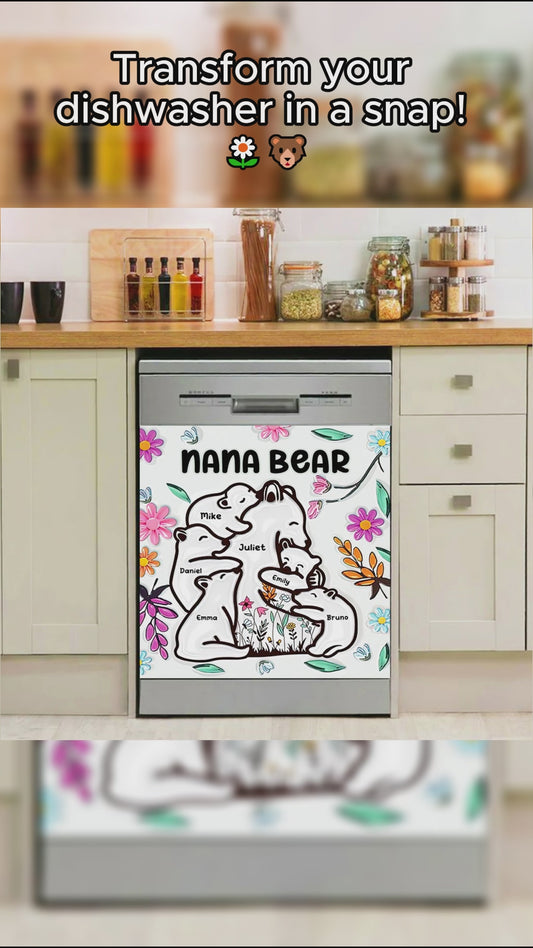 Nana Bear Huggings Her Cubs Floral Style - Personalized Grandma Dishwasher Cover