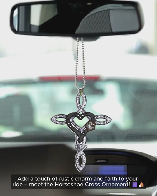 Rustic Horseshoe Cross - Personalized Horse Car Ornament