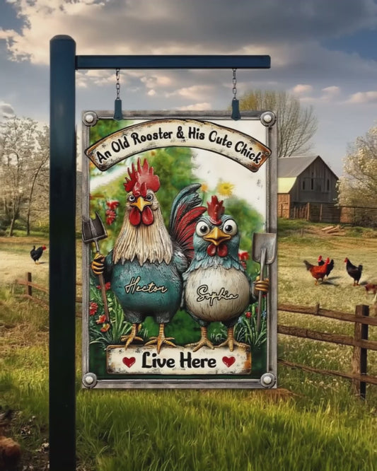 An Old Rooster & His Cute Chick Live Here - Personalized Chicken Rectangle Metal Sign