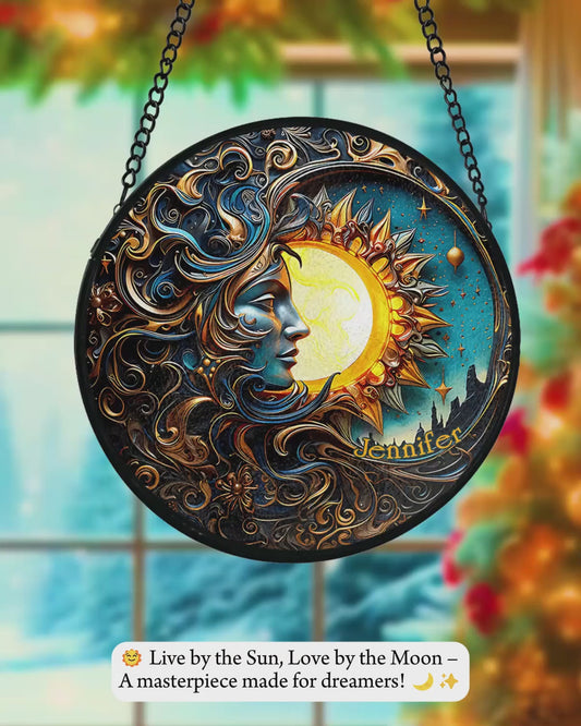 Live By The Sun Love By The Moon - Personalized Hippie Stained Glass Suncatcher