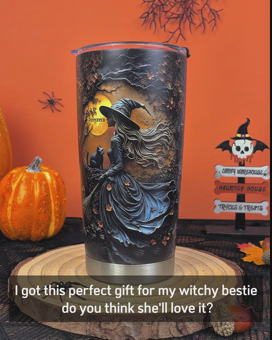 Beautiful Witch & Her Black Cat - Personalized Witch Tumbler