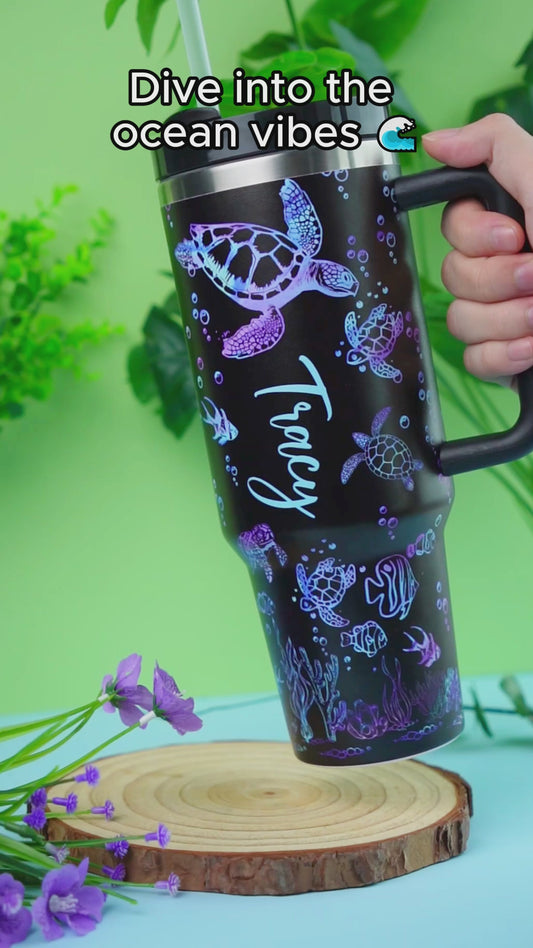 Sea Turtles Custom Name - Personalized Turtle Tumbler With Handle