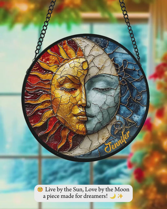Live By The Sun Love By The Moon - Personalized Hippie Stained Glass Suncatcher