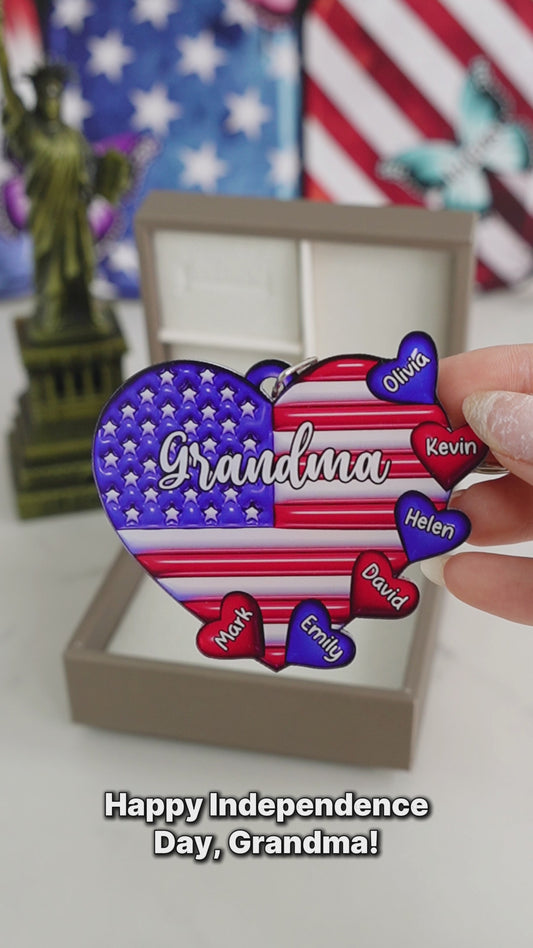 Grandma & Grandkids Puff Heart Flag - Personalized Grandma Keychain