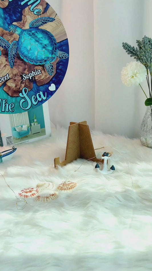 You And Me And The Sea - Personalized Turtle Round Wood Sign