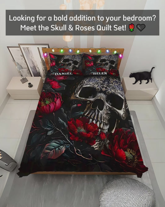 Skull And Roses - Personalized Skull Quilt Set