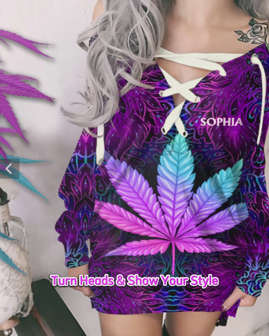 A Little High - Personalized Weed Off Shoulder Long Sleeve Dress