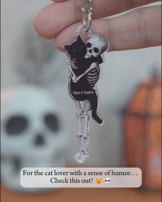 Funny Skeleton & Cat - Personalized Black Cat Custom Shaped Keychain