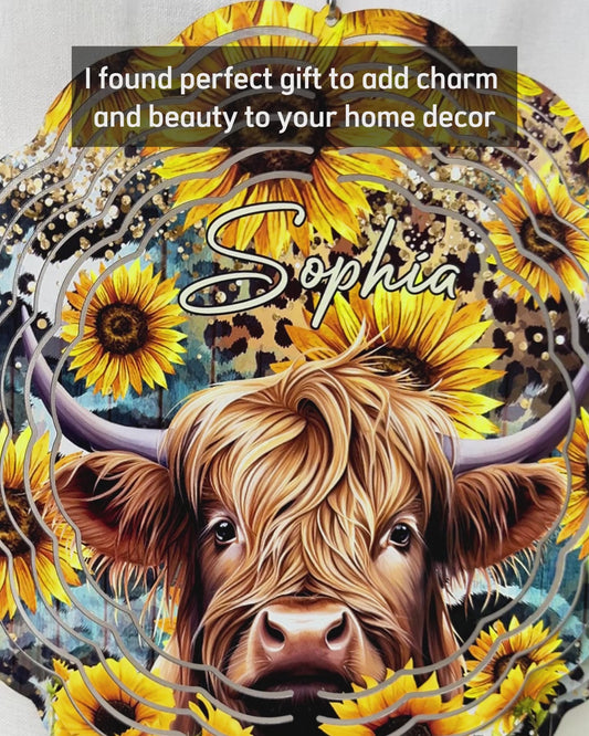 Highland Cow Among Sunflowers - Personalized Wind Spinner