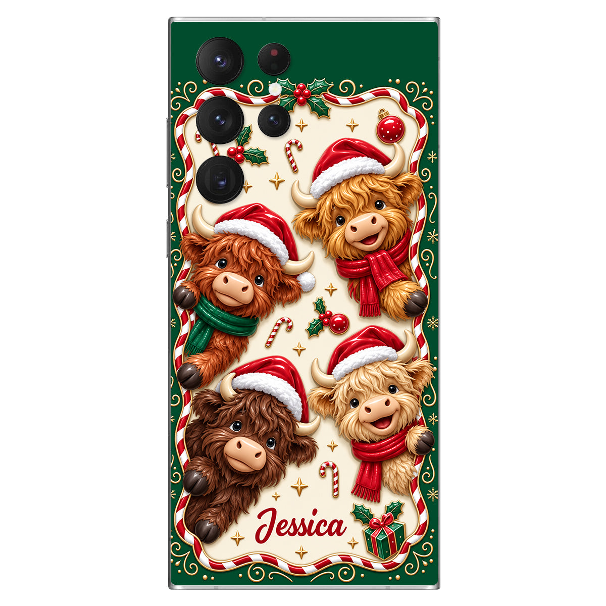 Merry Christmas Cute Highland Cows - Personalized Highland Cow 3D Embossed Leather Phone Case