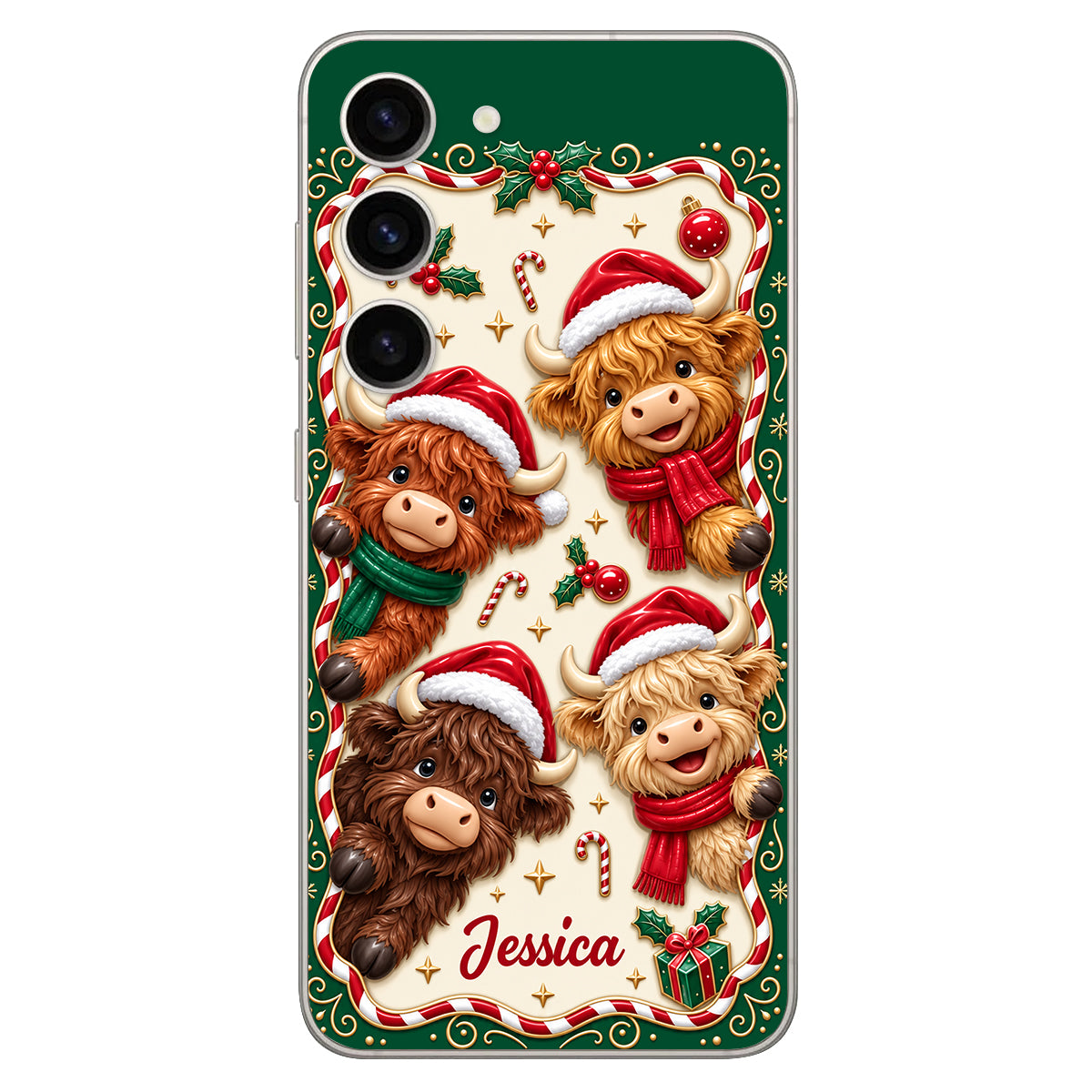 Merry Christmas Cute Highland Cows - Personalized Highland Cow 3D Embossed Leather Phone Case