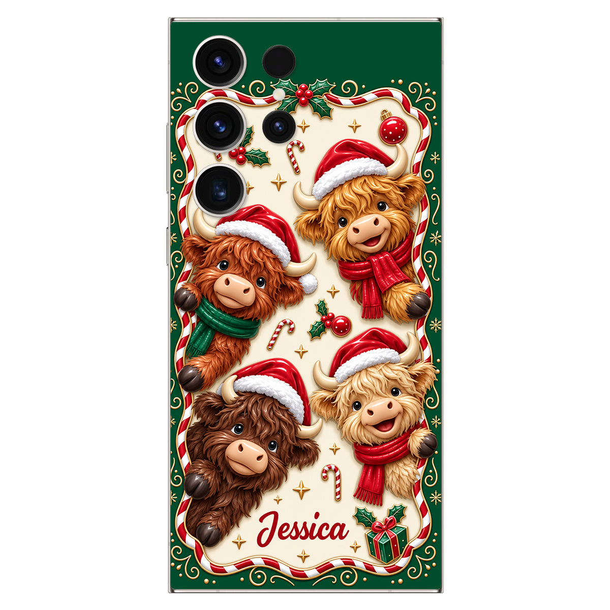 Merry Christmas Cute Highland Cows - Personalized Highland Cow 3D Embossed Leather Phone Case