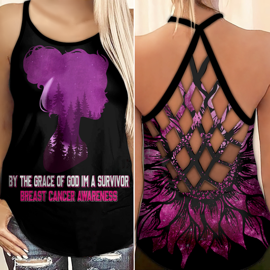 By The Grace Of God I'm A Survivor - Breast Cancer Awareness Cross Tank Top 0722