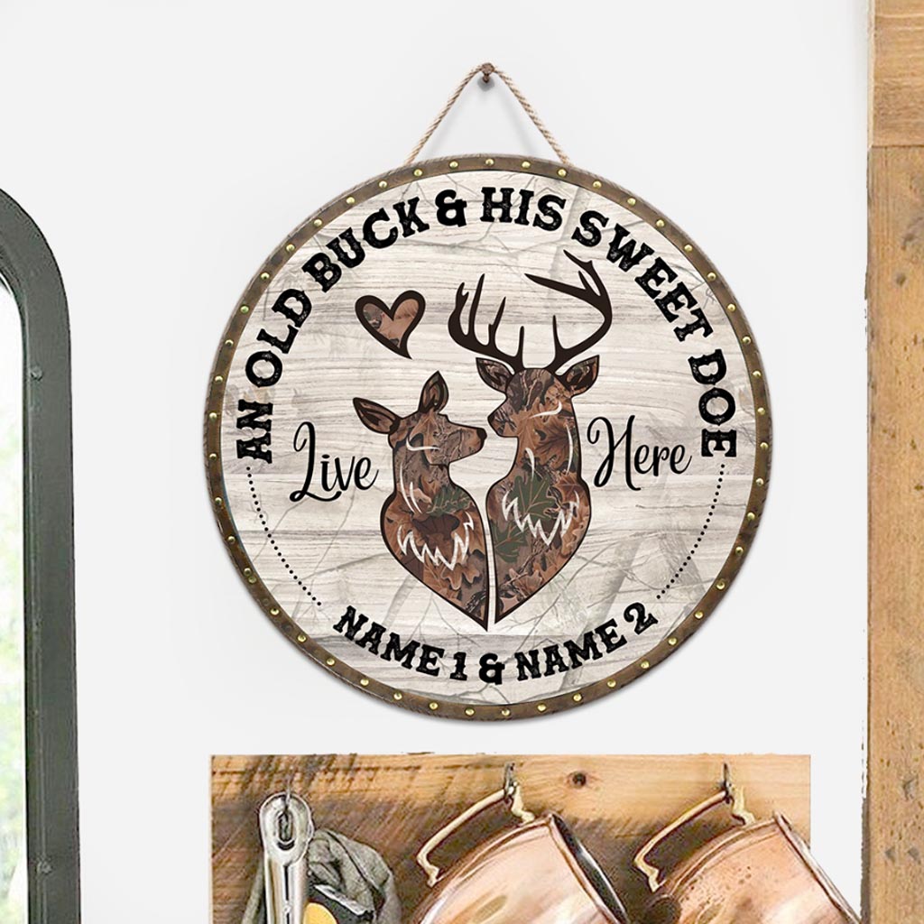 An Old Buck And His Sweet Doe Customized Round Wood Sign