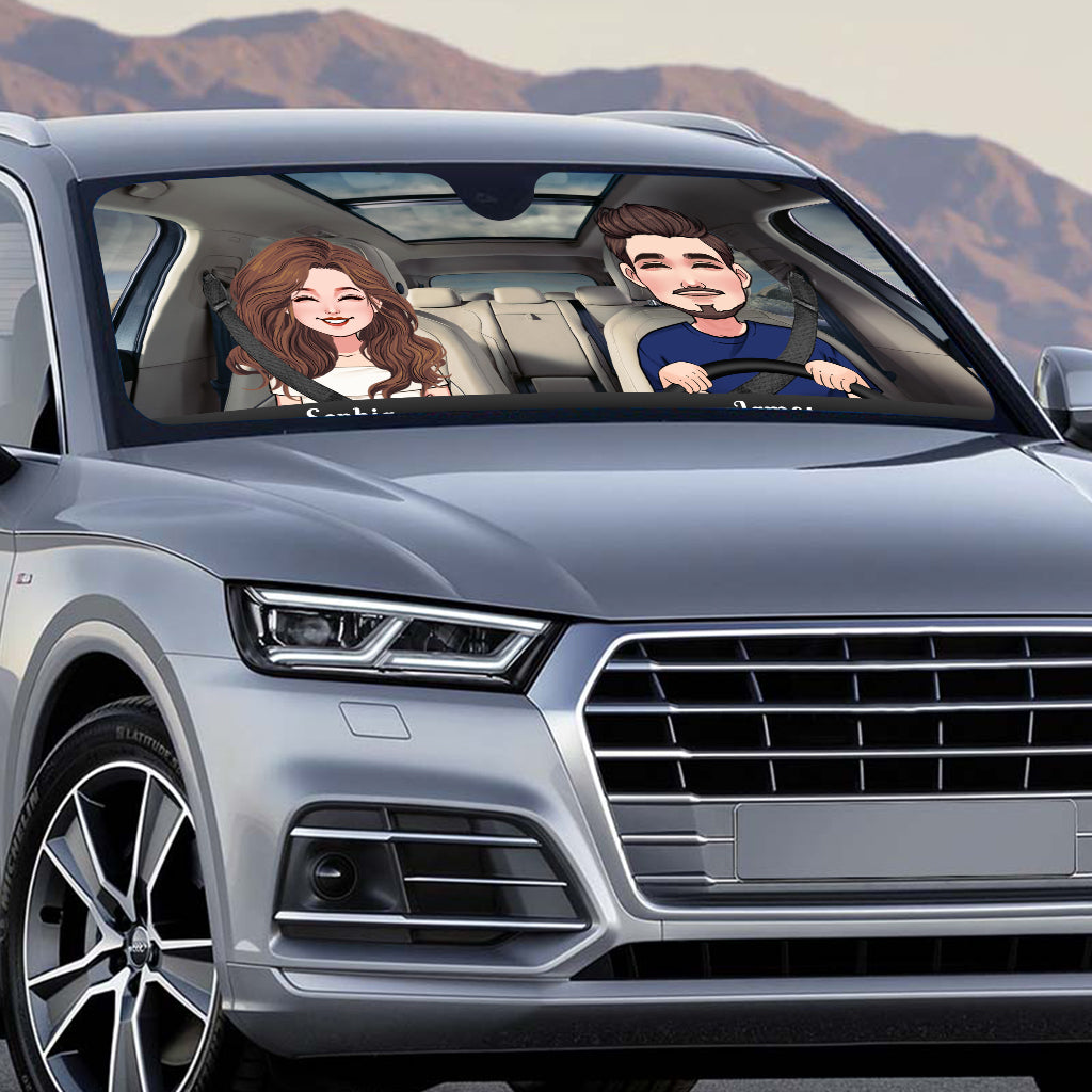 Adventure Awaits - Husband And Wife gift for wife, husband, girlfriend, boyfriend, mom, dad - Personalized Car Sunshade