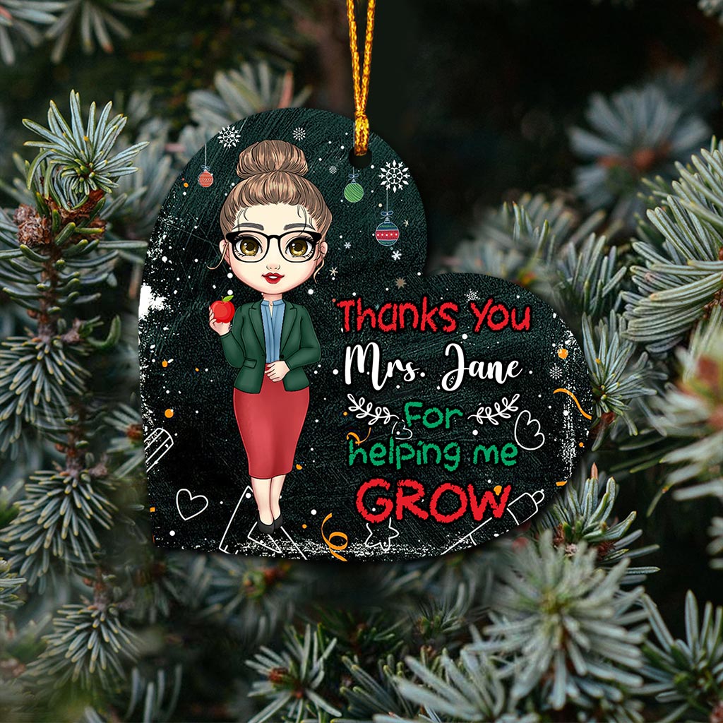 Thank You For Helping Me Grow - Personalized Christmas Teacher Ornament (Printed On Both Sides)