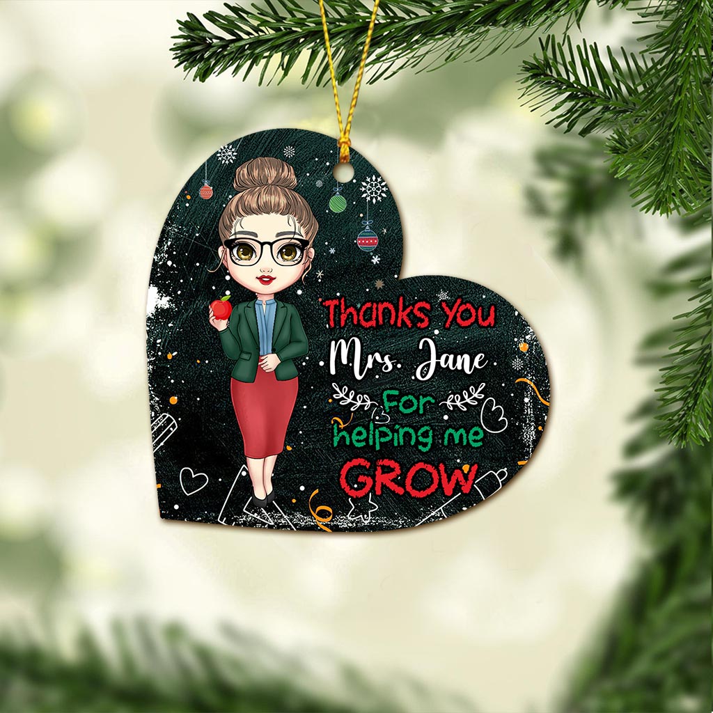 Thank You For Helping Me Grow - Personalized Christmas Teacher Ornament (Printed On Both Sides)
