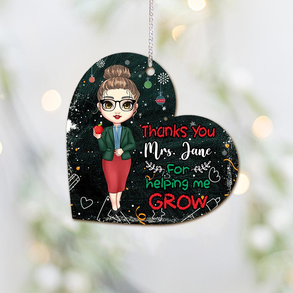 Thank You For Helping Me Grow - Personalized Christmas Teacher Ornament (Printed On Both Sides)