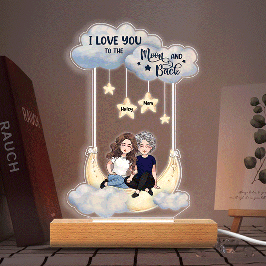 To The Moon And Back - Personalized Mother's Day Mother Shaped Plaque Light Base