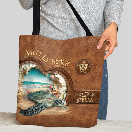 Salty Lil' Beach 3D Effect Pattern - Personalized Turtle Tote Bag